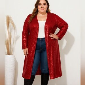 KANCY KOLE Elegant Red Sequin Longline Cardigan Plus Size 2X Holiday Festive